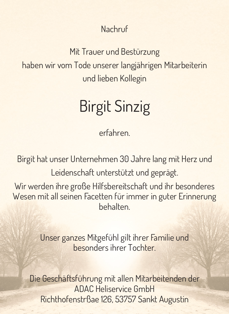 Nachruf Birgit Sinzig